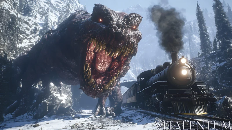 Steam Train Faces Colossal Dinosaur in Icy Mountain Pass AI Image