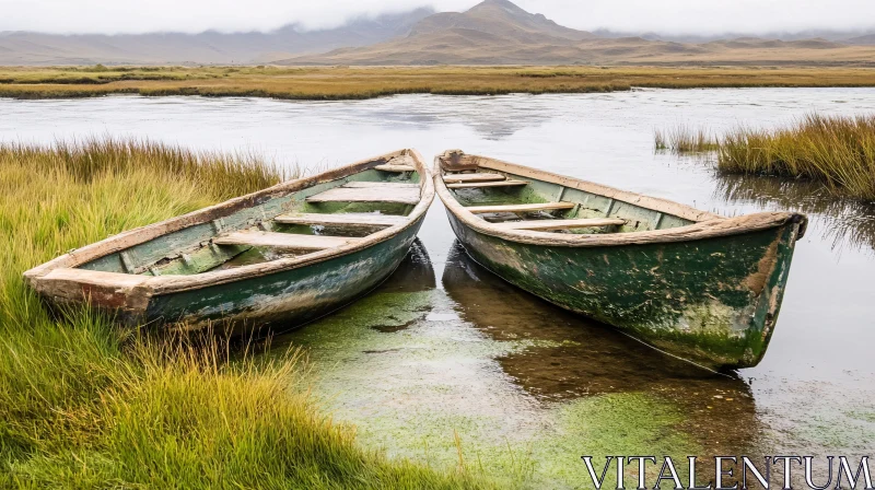 Peaceful Scene of Old Boats by a Misty Lake AI Image