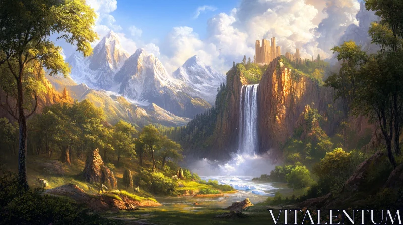 AI ART Serene Landscape with Waterfall and Castle