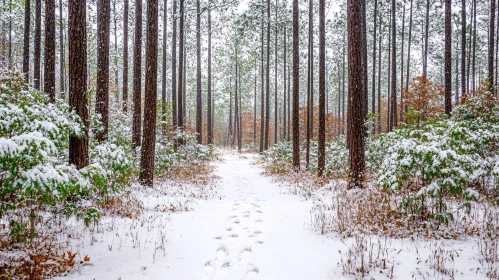 Snowy Forest Trail with Footprints