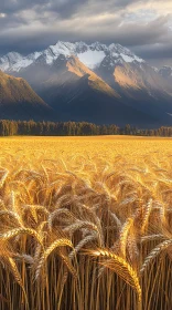 Golden Wheat Field at Sunset with Snowy Mountains