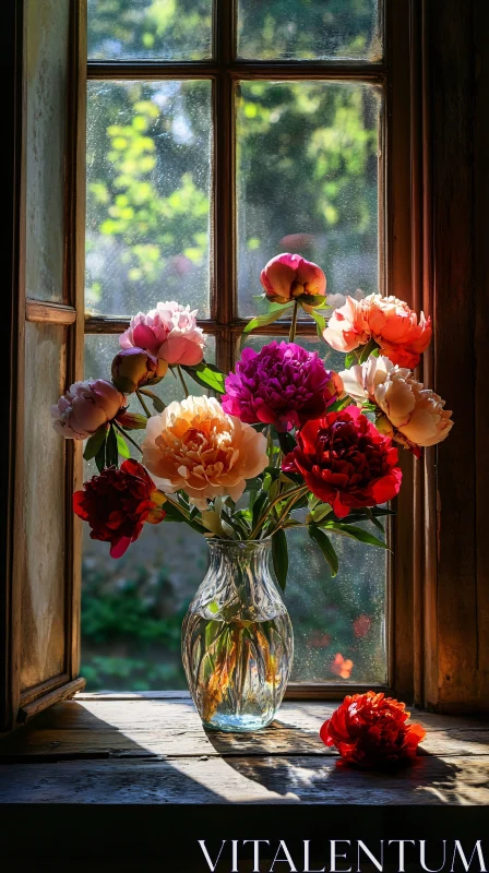 AI ART Colorful Peonies on Windowsill