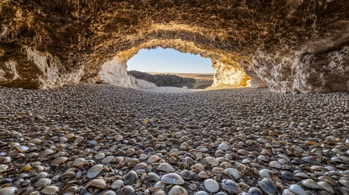 Sunlit Shell-Covered Cave and Peaceful Coastal View