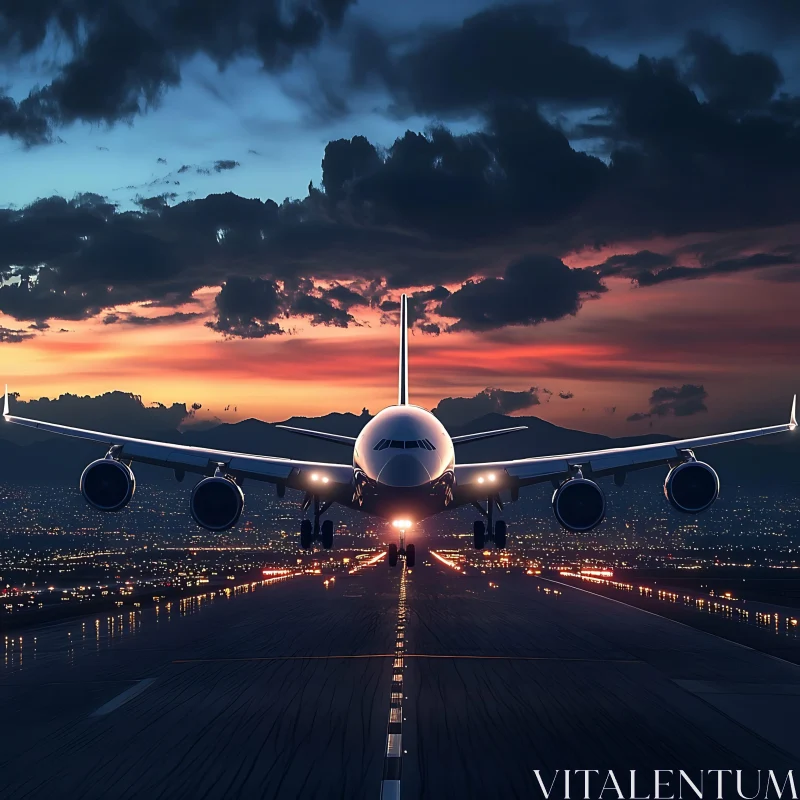 Jetliner Departing at Dusk with Cityscape AI Image