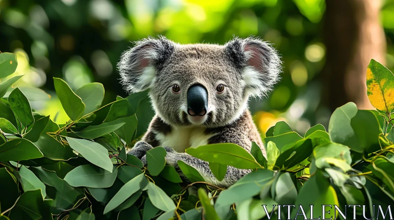 Koala Peeking Through Leaves AI Image