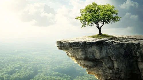 Tree at the Brink of a Cliff Over Forest