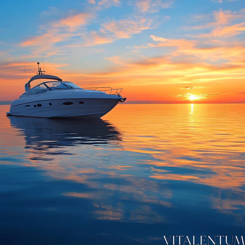 Boat Reflecting Sunlit Waters at Dusk AI Image