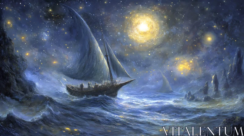 Nighttime Ocean Voyage with Starry Sky AI Image