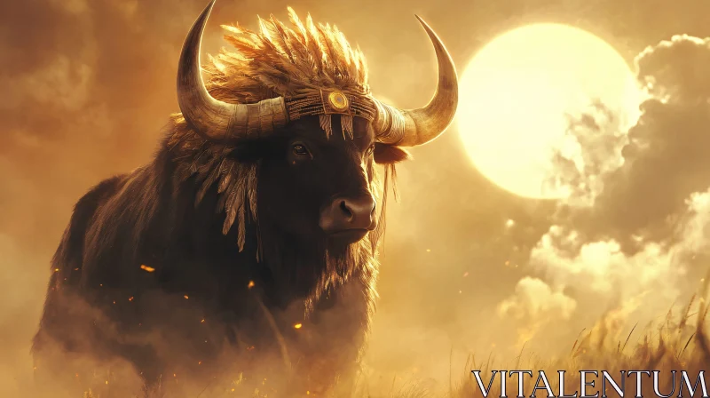 Bull with Feather Headdress in Golden Sunset AI Image