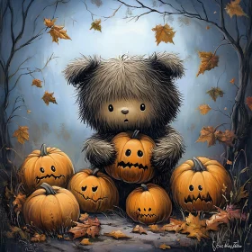 Teddy Bear and Carved Pumpkins Amidst Autumn Leaves