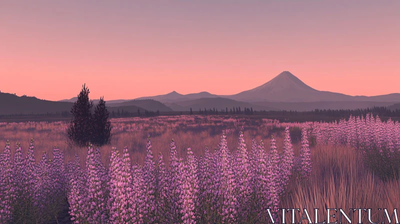 AI ART Sunset Over Blooming Meadow and Mountains