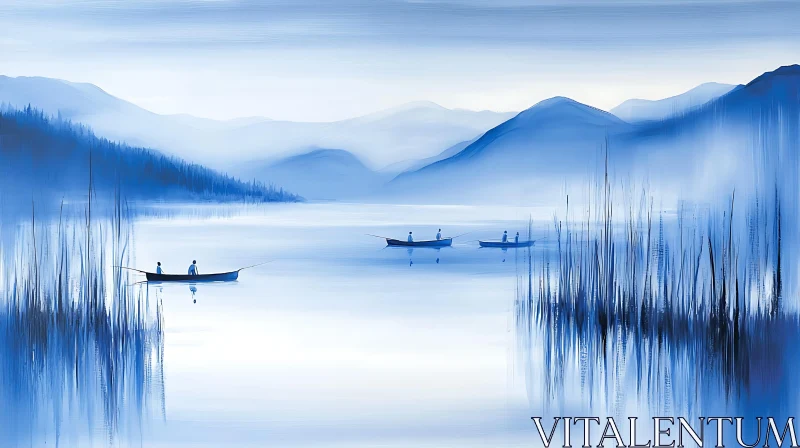 Peaceful Lake Boats and Misty Mountains AI Image