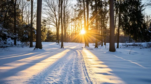 Sunrise Through Snow-Covered Forest