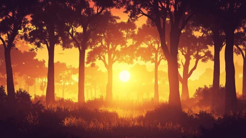 Golden Sunlight in Forest at Sunset