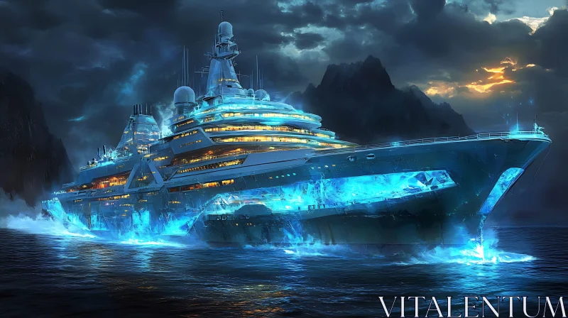 Sci-Fi Glowing Ship on Ocean