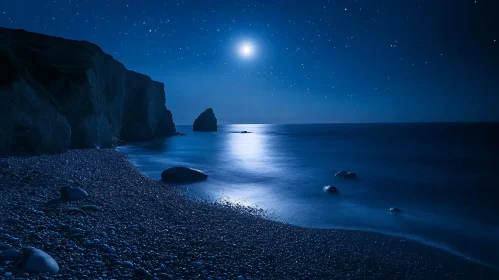 Nighttime Beach with Moon and Stars