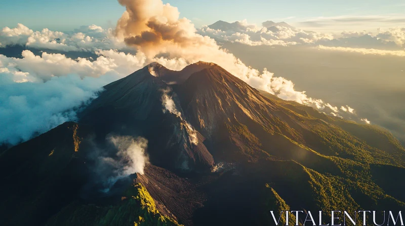 AI ART Scenic Aerial Shot of Volcano with Smoke and Clouds