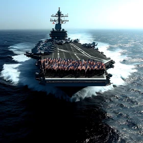 Aircraft Carrier in Ocean with Flags