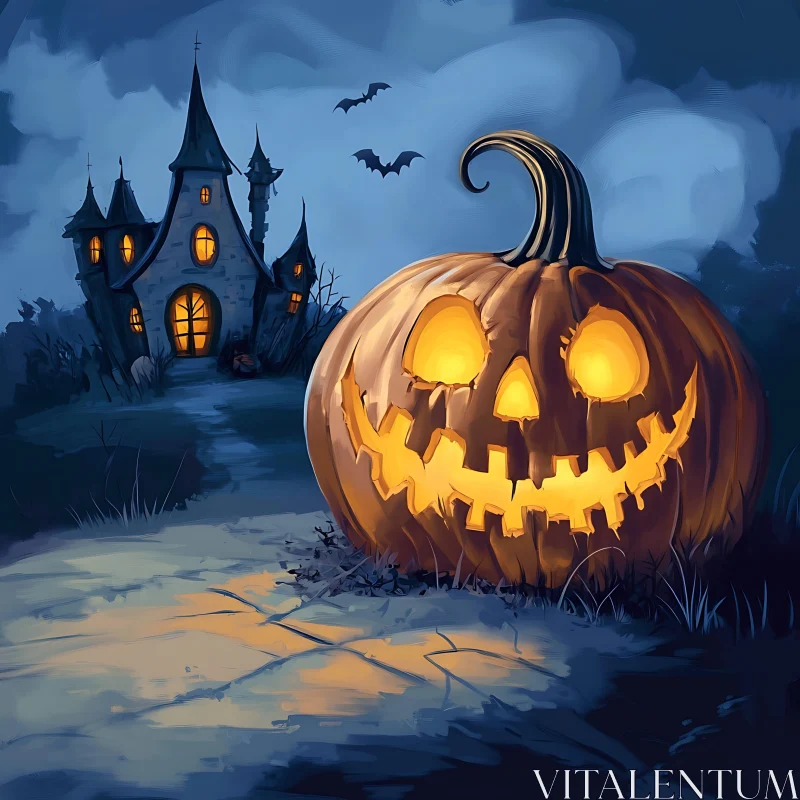 AI ART Mysterious Halloween Night with Pumpkin and Haunted House