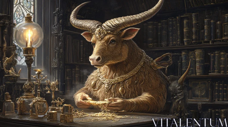 Horned Bull in a Luxurious Library Setting