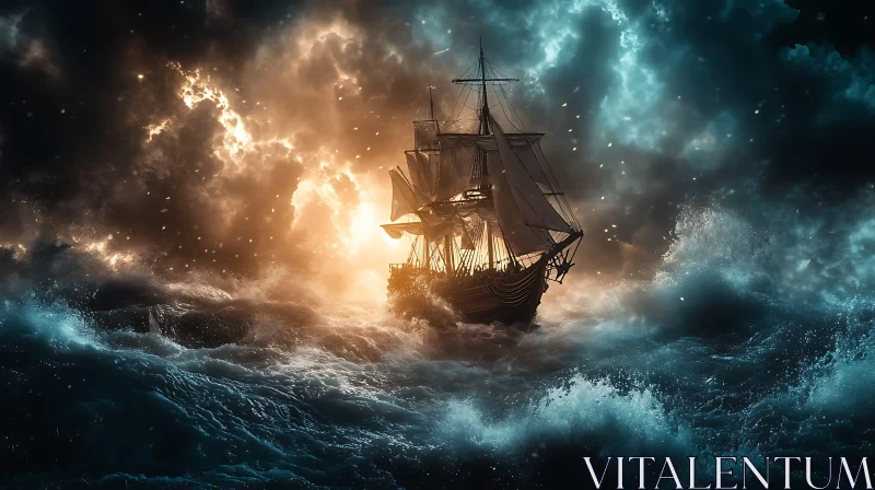 Ship in a Storm with Dramatic Lighting
