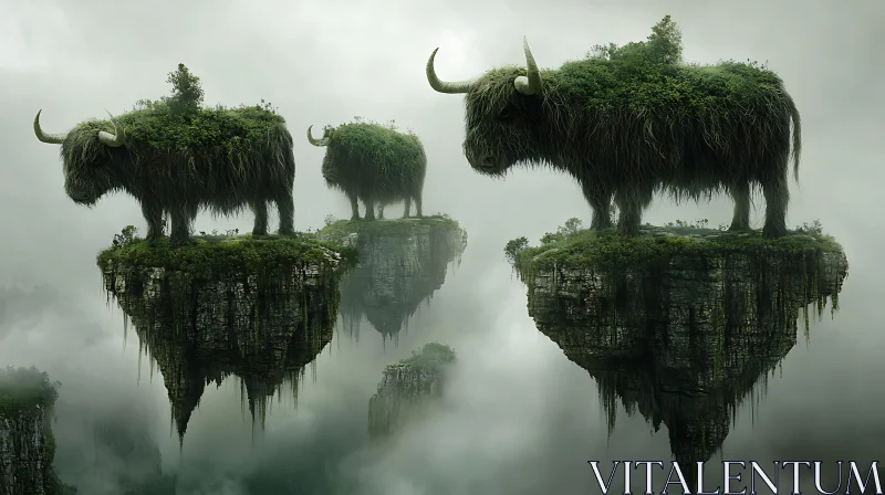 Fantasy Landscape with Floating Islands and Forest Beasts