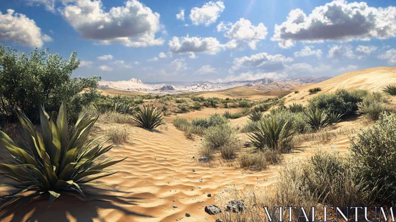 AI ART Expansive Desert View with Sand Dunes, Vegetation and Clouds
