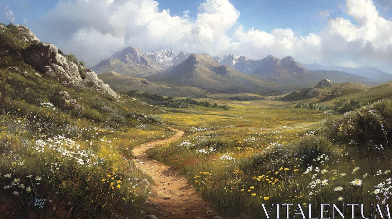 AI ART Idyllic Mountain Valley with Pathway and Flowers