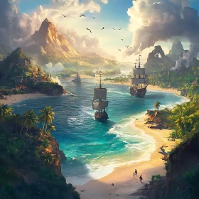 Serene Island Paradise with Anchored Ships and Mountains