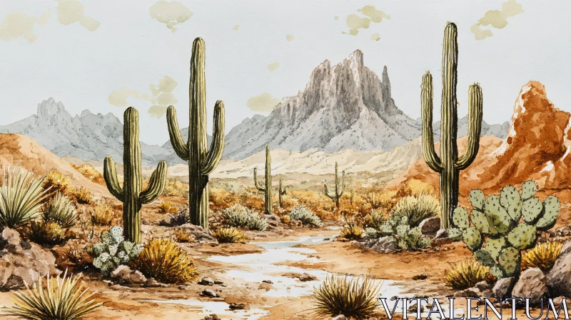 AI ART Desertscape with Cacti and Mountain Views