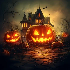 Eerie Halloween Night with Pumpkins and Haunted Mansion