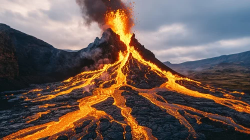 Volcano Erupting with Molten Lava Flowing