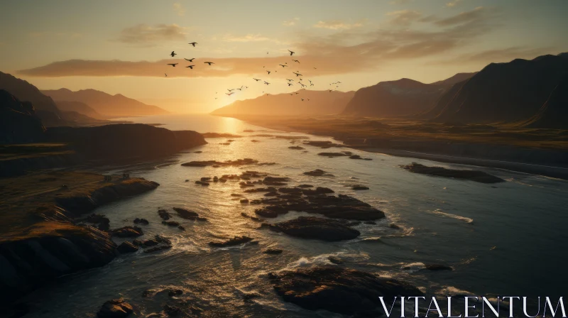 Birds Soaring over Coastal Cliffs at Sunset - Atmospheric Landscape AI Image