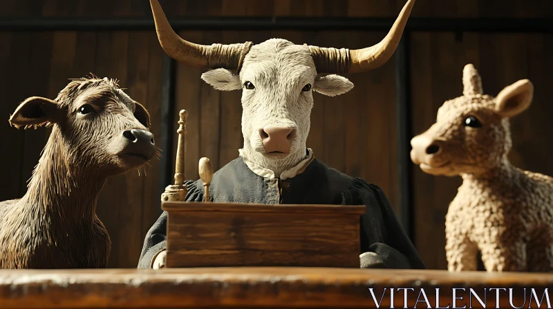 AI ART Bull Judge in a Rustic Courtroom