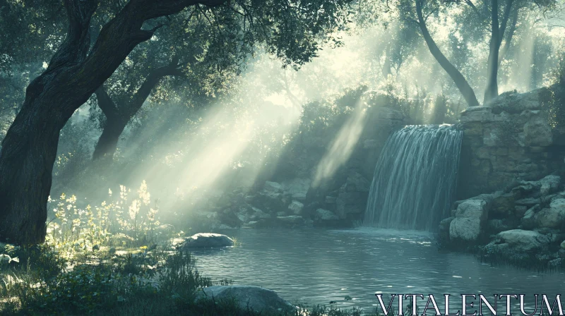 AI ART Tranquil Forest Waterfall