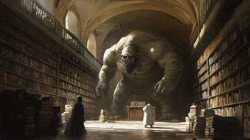 Gargantuan Creature Amidst Book Stacks
