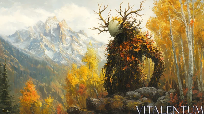 Mystical Being Amid Autumn Forest and Mountains