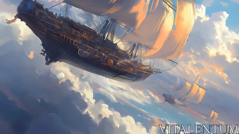 Majestic Skybound Ships Amidst Sunset Clouds AI Image