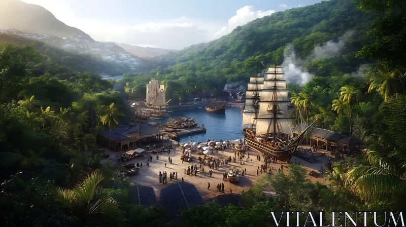 AI ART Island Harbor with Ships and Lush Greenery