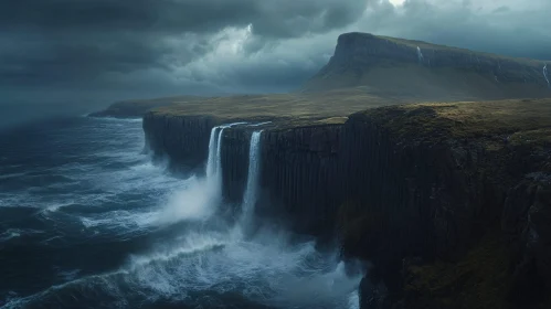 Stormy Seascape with Waterfall and Cliffs