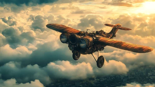 Steampunk Plane over Clouds in Golden Hour