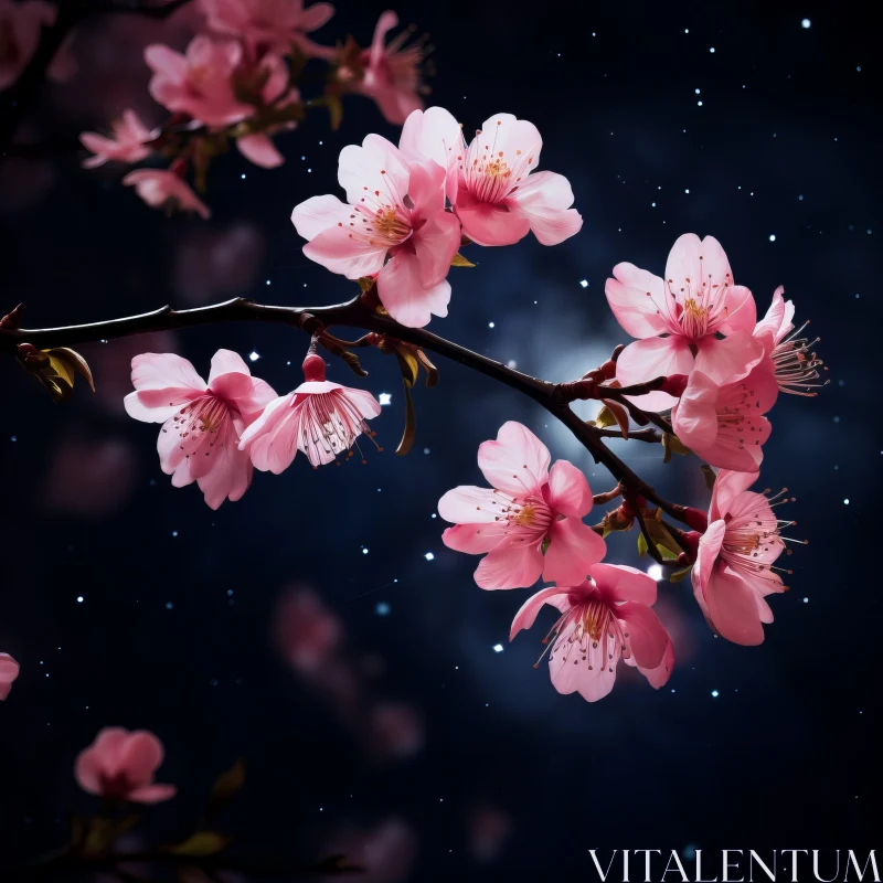 Pink Cherry Blossoms under Starlit Night Sky - A Photorealistic Art AI Image