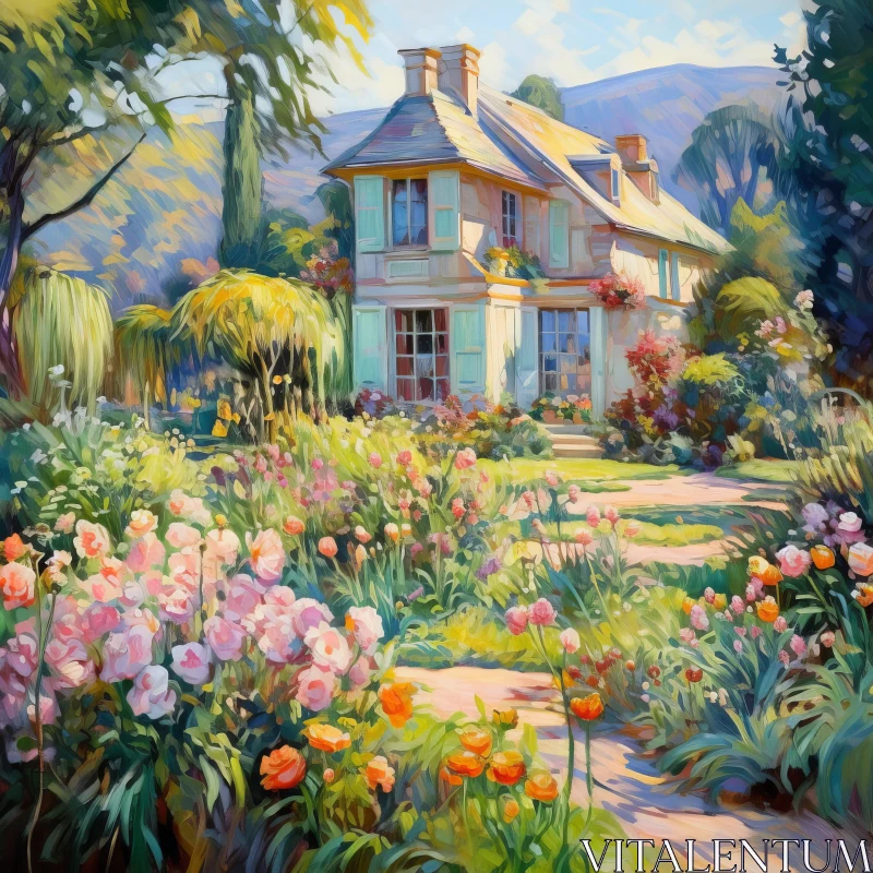 AI ART Serene Oil Painting of a Cottage in a Blooming Garden