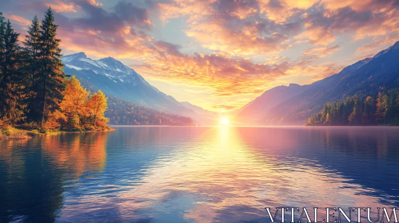 AI ART Sunset Over Calm Lake and Rugged Mountains