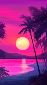 Vivid Beach Sunset with Glowing Sky and Palm Trees