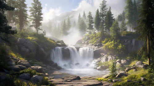 Misty Forest Waterfall Scene