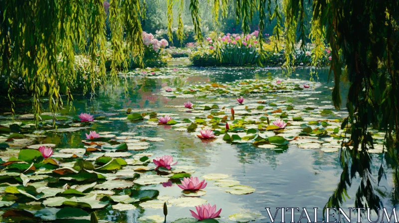 AI ART Tranquil Pond View with Water Lilies