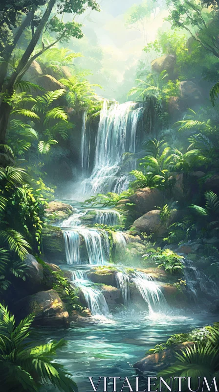 AI ART Tranquil Forest Waterfall Scene