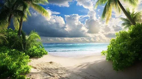 Serene Tropical Beach with Palm Trees and Ocean