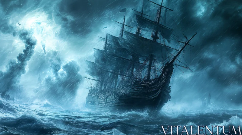 Three-Masted Ship Battling the Stormy Seas AI Image